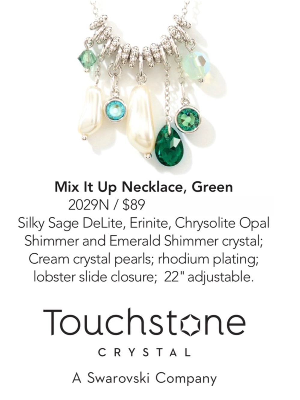 Swarovski Necklace Silver Charm Necklace Emerald Crystals & Pearls TSC BNIB